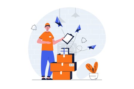 Illustration for Delivery service web concept with character scene. Man delivering cardboards boxes, sending parcels to client. People situation in flat design. Vector illustration for social media marketing material. - Royalty Free Image