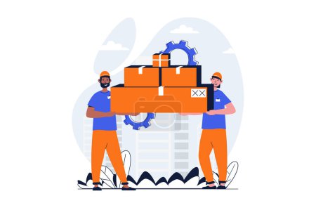 Illustration for Delivery service web concept with character scene. Men loaders holding cardboard boxes and shipping parcels. People situation in flat design. Vector illustration for social media marketing material. - Royalty Free Image
