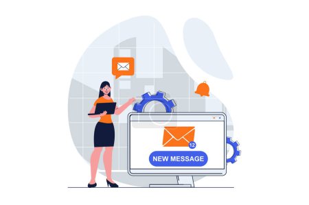 Illustration for Email marketing web concept with character scene. Woman receiving notifications of new advertising mailing. People situation in flat design. Vector illustration for social media marketing material. - Royalty Free Image