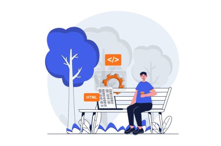 Illustration for Freelance working web concept with character scene. Man programmer working with code while sitting in park. People situation in flat design. Vector illustration for social media marketing material. - Royalty Free Image