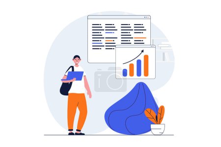 Illustration for Education web concept with character scene. Teenage student making homework at laptop and studying in school. People situation in flat design. Vector illustration for social media marketing material. - Royalty Free Image