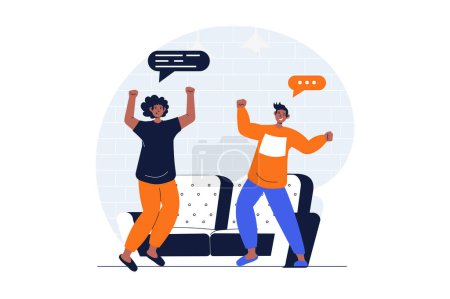 Illustration for People dancing web concept with character scene. Excited men enjoying dance, jumping and celebrating together. People situation in flat design. Vector illustration for social media marketing material. - Royalty Free Image