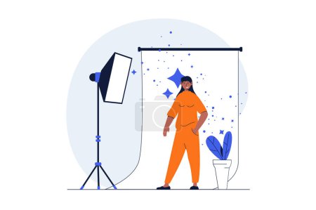Illustration for Podcast streaming web concept with character scene. Woman posing in studio, show making backstage process. People situation in flat design. Vector illustration for social media marketing material. - Royalty Free Image