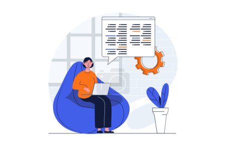 Illustration for Programming web concept with character scene. Woman coding and making program at screen, working at laptop. People situation in flat design. Vector illustration for social media marketing material. - Royalty Free Image