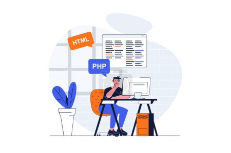 Illustration for Programming web concept with character scene. Man working with php and html languages and making program. People situation in flat design. Vector illustration for social media marketing material. - Royalty Free Image