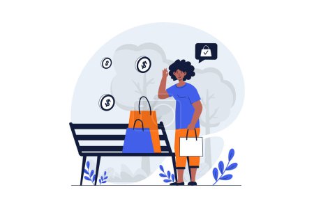 Illustration for Shopping web concept with character scene. Woman holding bags and making bargain purchases on seasonal sale. People situation in flat design. Vector illustration for social media marketing material. - Royalty Free Image