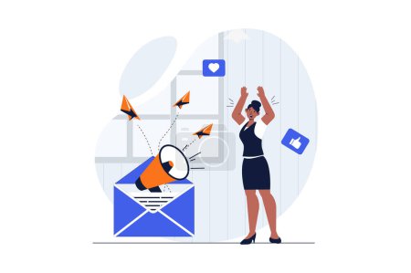 Illustration for Social media marketing web concept with character scene. Woman making online promotion with promo newsletters. People situation in flat design. Vector illustration for social media marketing material. - Royalty Free Image