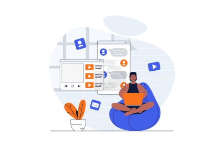 Illustration for Social network web concept with character scene. Man watching video content, sharing and chatting friends. People situation in flat design. Vector illustration for social media marketing material. - Royalty Free Image
