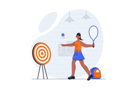 Illustration for Sport training web concept with character scene. Woman with racket and ball playing tennis for competition. People situation in flat design. Vector illustration for social media marketing material. - Royalty Free Image