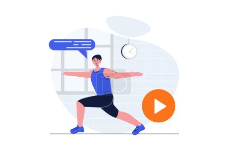 Illustration for Sport training web concept with character scene. Man in sportswear doing morning workout and practice pilates. People situation in flat design. Vector illustration for social media marketing material. - Royalty Free Image