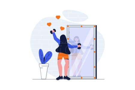 Illustration for Sport training web concept with character scene. Woman with dumbbells doing strength exercises at gym mirror. People situation in flat design. Vector illustration for social media marketing material. - Royalty Free Image