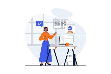 Illustration for Customer support web concept with character scene. Woman advising clients and answering calls and messages. People situation in flat design. Vector illustration for social media marketing material. - Royalty Free Image