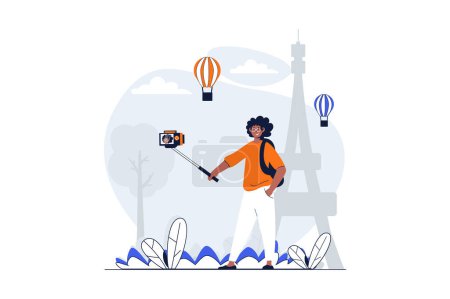 Illustration for Travelling web concept with character scene. Man traveler with camera taking selfie in Paris near landmark. People situation in flat design. Vector illustration for social media marketing material. - Royalty Free Image