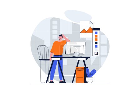 Illustration for Web development concept with character scene. Man creating graphic elements and working with drawing tools. People situation in flat design. Vector illustration for social media marketing material. - Royalty Free Image