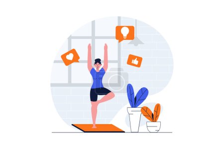 Illustration for Yoga asanas concept with character scene. Woman practising yoga postures, stretching and training strong body. People situation in flat design. Vector illustration for social media marketing material. - Royalty Free Image