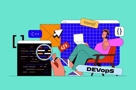Illustration for Programming and development web concept with character scene. Developer working with program languages, coding and testing. People situation in flat design. Vector illustration for marketing material. - Royalty Free Image