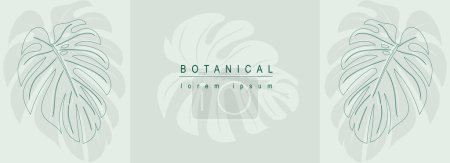 Illustration for Botanical abstract background with floral line art design. Horizontal web banner in minimal style with green monstera leaves, silhouettes and contour shapes of tropical foliage. Vector illustration. - Royalty Free Image