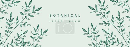 Illustration for Botanical abstract background with floral line art design. Horizontal web banner composition frame with green contours leaves, elegant herbs, twigs and spring foliage plants. Vector illustration. - Royalty Free Image