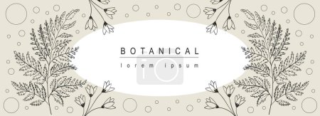 Illustration for Botanical abstract background with floral line art design. Horizontal web banner with vignetting circle frame composition of spring blooming wildflowers and twigs with leaves. Vector illustration. - Royalty Free Image