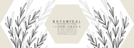 Illustration for Botanical abstract background with floral line art design. Horizontal web banner with composition with geometric shapes and herb leaves contours and silhouette shadow on backdrop. Vector illustration. - Royalty Free Image