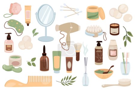 Illustration for Bathroom items mega set graphic elements in flat design. Bundle of creams, mirror, cotton buds, cosmetics, sleep mask, lotion, hair dryer, massage brush, other. Vector illustration isolated objects - Royalty Free Image