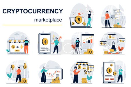 Illustration for Cryptocurrency marketplace concept with character situations mega set. Bundle of scenes people analysing financial trends on exchange, buy or sell bitcoins. Vector illustrations in flat web design - Royalty Free Image