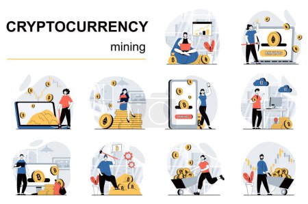 Illustration for Cryptocurrency mining concept with character situations mega set. Bundle of scenes people analysing financial trends, mining bitcoins and other crypto coins. Vector illustrations in flat web design - Royalty Free Image
