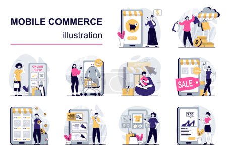 Illustration for Mobile commerce concept with character situations mega set. Bundle of scenes people shopping and making internet payment using credit cards in application. Vector illustrations in flat web design - Royalty Free Image