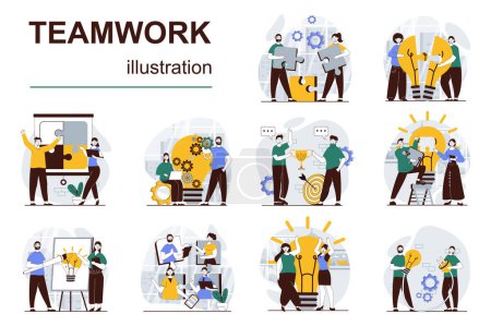 Illustration for Teamwork concept with character situations mega set. Bundle of scenes people working together at projects, supporting colleagues, cooperation and partnership. Vector illustrations in flat web design - Royalty Free Image