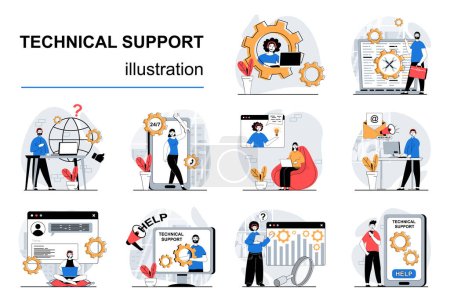 Illustration for Technical support concept with character situations mega set. Bundle of scenes people consulting and helping clients, solving tech problems, answering calls. Vector illustrations in flat web design - Royalty Free Image