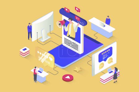 Illustration for Blogging concept in 3d isometric design. Blogger creating new content in social media, posting and sharing to followers, makes promotion. Vector illustration with isometry people scene for web graphic - Royalty Free Image
