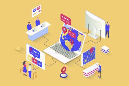 Illustration for Booking service concept in 3d isometric design. Travel agency offers destinations for recreation, routes for tourists, hotel and flight. Vector illustration with isometry people scene for web graphic - Royalty Free Image