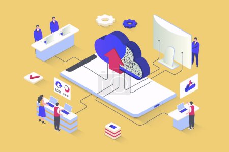 Cloud computing concept in 3d isometric design. Network computing technology, data storage and upload, secure access to database server. Vector illustration with isometry people scene for web graphic