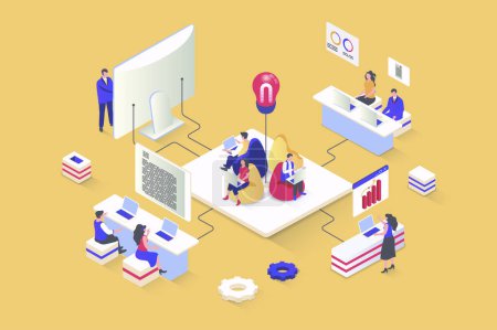 Illustration for Coworking concept in 3d isometric design. Colleagues or freelancers work on laptop in open space office, team collaborate at workplace. Vector illustration with isometry people scene for web graphic - Royalty Free Image