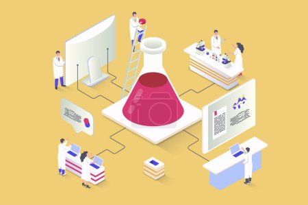 Illustration for Medical laboratory concept in 3d isometric design. Scientists do scientific research on blood or liquid in flask, develop new medicines. Vector illustration with isometry people scene for web graphic - Royalty Free Image