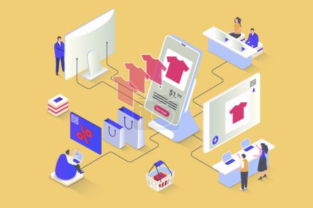 Illustration for Online shopping concept in 3d isometric design. Buyers choose products with discount prices using mobile applications and store sites. Vector illustration with isometry people scene for web graphic - Royalty Free Image