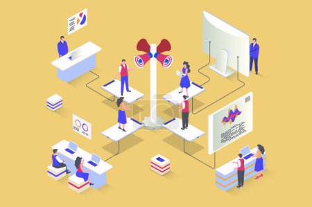 Illustration for Referral marketing concept in 3d isometric design. Loyalty program to attract new customers using communication and advertisement tools. Vector illustration with isometry people scene for web graphic - Royalty Free Image