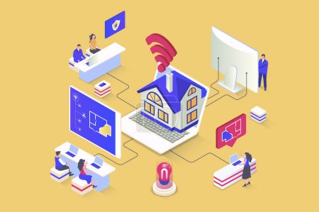 Illustration for Smart home concept in 3d isometric design. Remote monitoring and control of security systems and other sensors in apartment or house. Vector illustration with isometry people scene for web graphic - Royalty Free Image