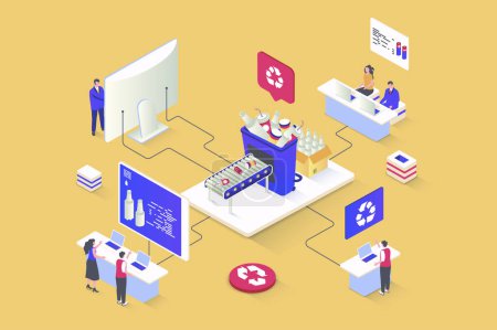 Illustration for Waste management concept in 3d isometric design. Eco friendly technology, disposal sorting, separating garbage for recycling process. Vector illustration with isometry people scene for web graphic - Royalty Free Image