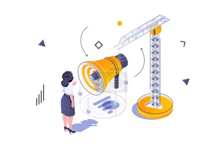 Illustration for Business marketing concept in 3d isometric design. Woman making advertising campaign with megaphone, promotion and communication. Vector illustration with isometric people scene for web graphic - Royalty Free Image