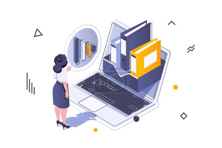 Illustration for Business marketing concept in 3d isometric design. Woman analyzing data and working with documents, planning and developing project. Vector illustration with isometric people scene for web graphic - Royalty Free Image