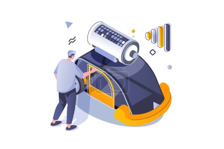 Illustration for Eco lifestyle concept in 3d isometric design. Electric car with battery, green transportation using sustainable alternative sources. Vector illustration with isometric people scene for web graphic - Royalty Free Image