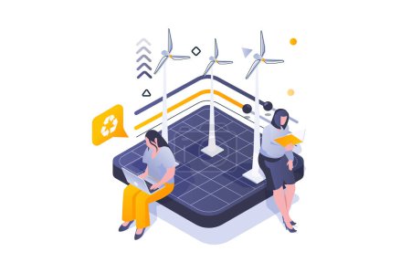 Illustration for Eco lifestyle concept in 3d isometric design. Wind turbines station for energy generation and using renewable alternative sources. Vector illustration with isometric people scene for web graphic - Royalty Free Image