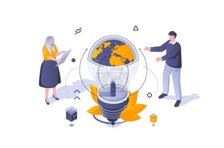 Illustration for Eco lifestyle concept in 3d isometric design. Responsible using of electricity with global alternative renewable energy technologies. Vector illustration with isometric people scene for web graphic - Royalty Free Image