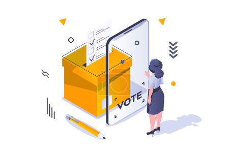 Illustration for Election and voting concept in 3d isometric design. Woman voter chooses political candidate and put tick on electronic ballot st screen. Vector illustration with isometric people scene for web graphic - Royalty Free Image