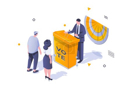 Illustration for Election and voting concept in 3d isometric design. Political candidate stands behind podium and makes election campaign with voters. Vector illustration with isometric people scene for web graphic - Royalty Free Image