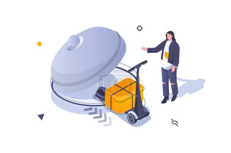 Illustration for Food delivery concept in 3d isometric design. Woman making order from restaurant and using express shipping by courier kick scooter. Vector illustration with isometric people scene for web graphic - Royalty Free Image