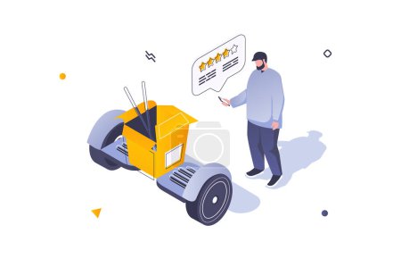Illustration for Food delivery concept in 3d isometric design. Man making order with take away meal box and using express shipping by courier hoverboard. Vector illustration with isometric people scene for web graphic - Royalty Free Image