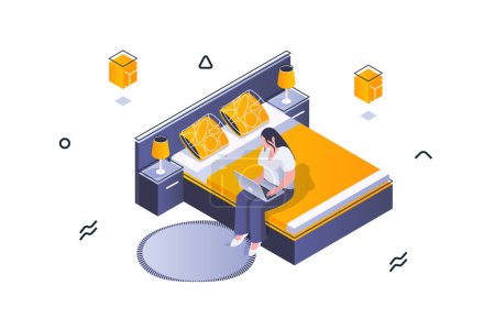 Illustration for Home interior concept in 3d isometric design. Woman working at laptop and sitting on bed in bedroom. Furnishing and decoration in room. Vector illustration with isometric people scene for web graphic - Royalty Free Image