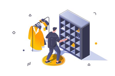Illustration for Home interior concept in 3d isometric design. Man stands at closet near clothes hangers rack. Furnishing and decoration in living room. Vector illustration with isometric people scene for web graphic - Royalty Free Image